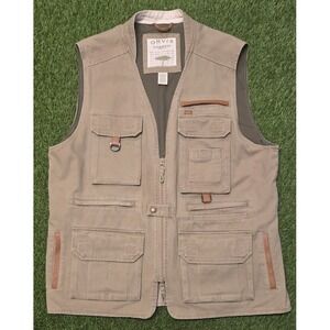 Vintage Orvis Zambezi Twill Vest, Safari Fishing Hunting, Leather Trim, Tan